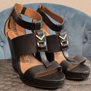 Calvin Klein Wedge Sandals Size 9 Black/Leather